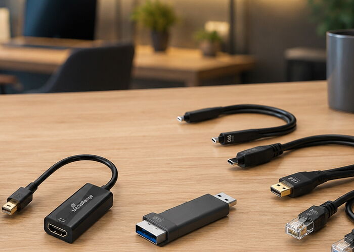 MediaRange USB-Adapter, OTG-Kabel und USB-Stick auf einem Holztisch