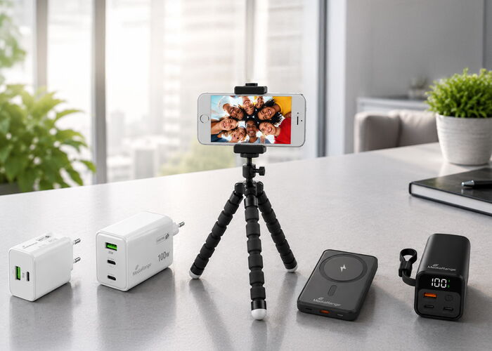 Smartphone auf einem MediaRange Mini-Stativ mit USB-Ladegeräten und Powerbank