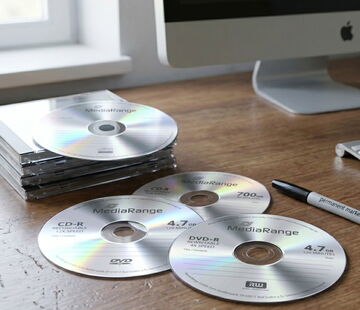 Mehrere CD Rohlinge auf einem Tisch, ein Stift der zur CD Beschriftung da ist