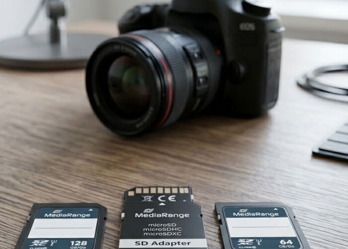 MediaRange SD-Karten mit microSD-Adapter auf einem Holztisch