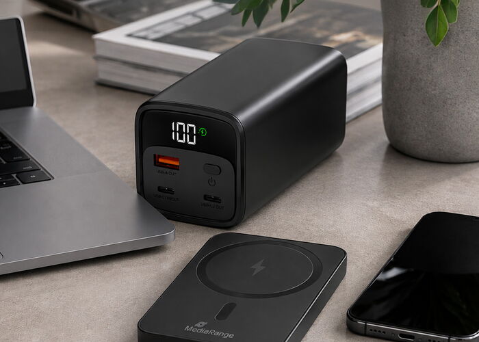 MediaRange Powerbanks mit Display und kabellose Powerbank neben einem Smartphone