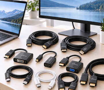 MediaRange HDMI-, DisplayPort- und VGA-Kabel mit Adaptern vor zwei Monitoren