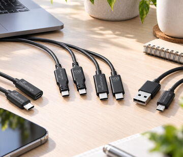 MediaRange USB-C- und USB-A-Ladekabel nebeneinander auf einem Tisch