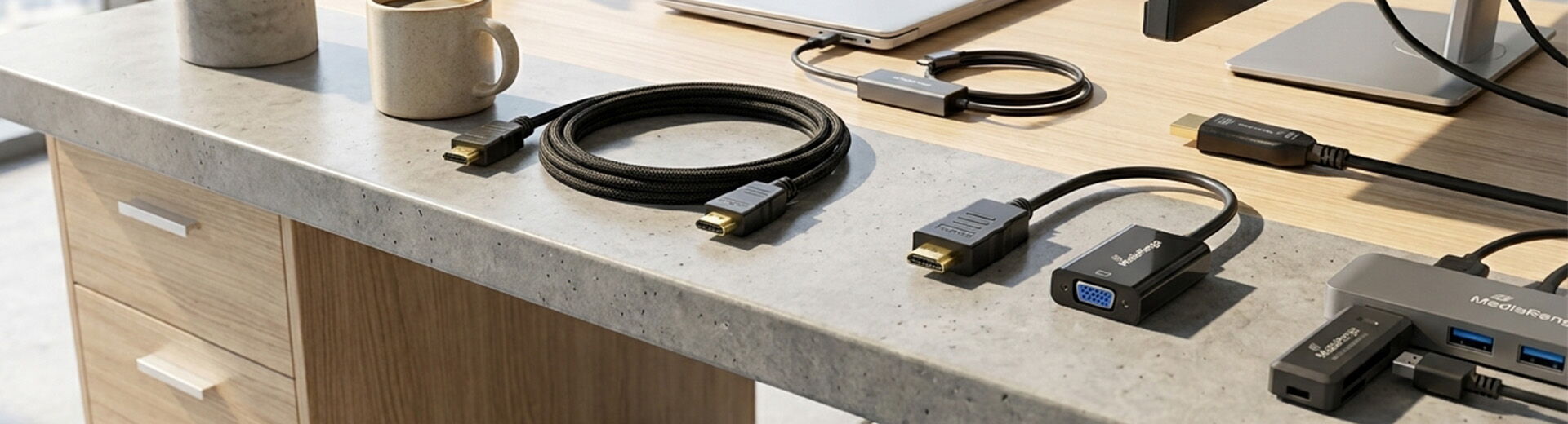 MediaRange HDMI-Kabel, Display-Adapter und USB-Hub auf einem Schreibtisch