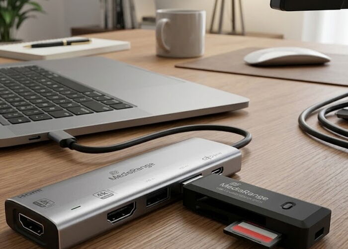 MediaRange Kartenleser aus Aluminium mit eingesteckter Speicherkarte neben einem Laptop
