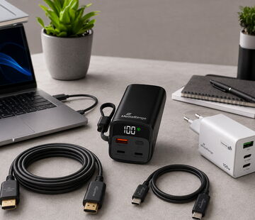 MediaRange HDMI-Kabel, USB-Adapter und Netzteil auf einem Schreibtisch