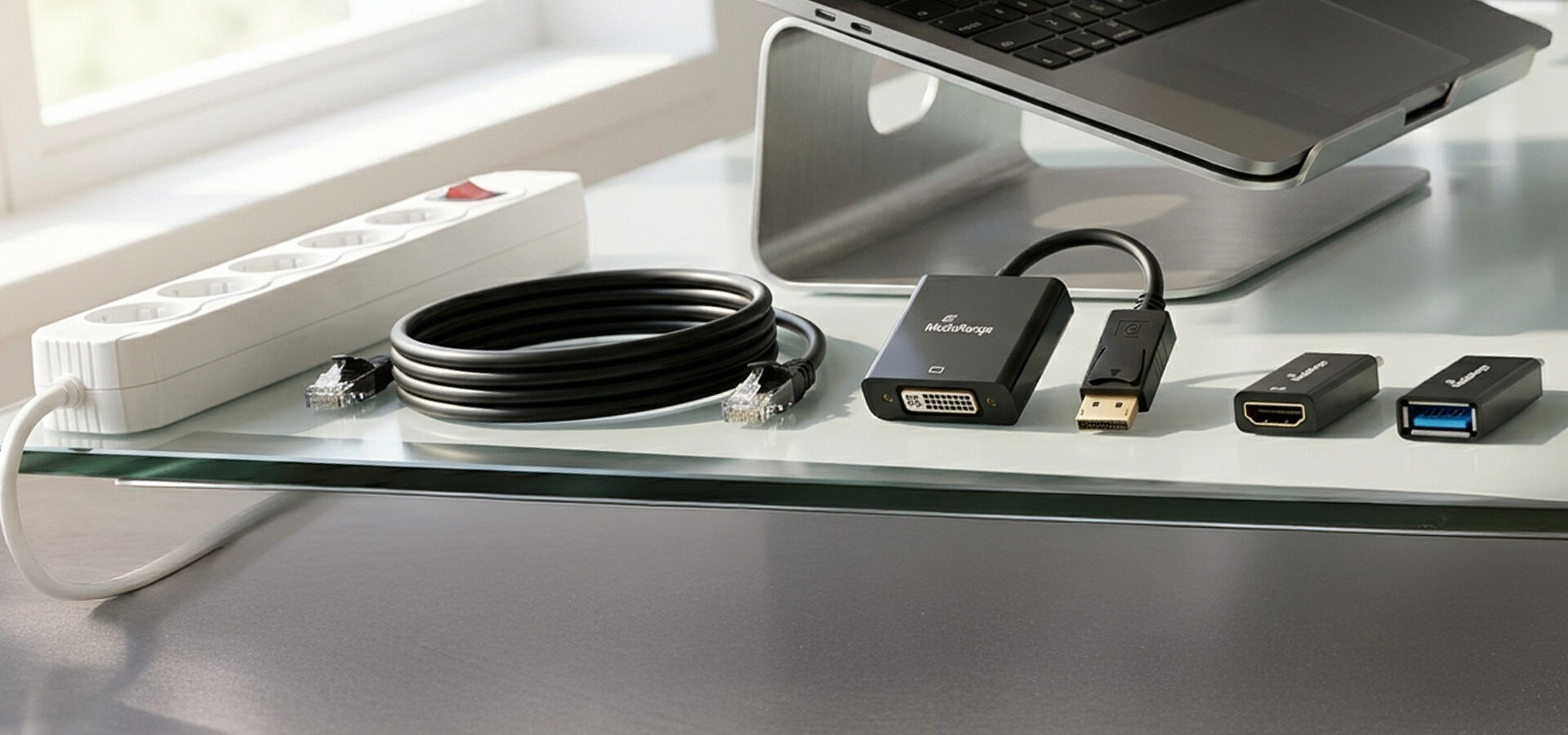 MediaRange Kabel, Steckdosenleiste und Display-Adapter auf einem Glasschreibtisch