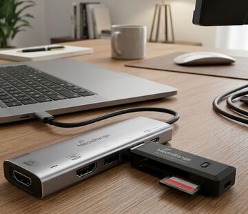MediaRange Kartenleser aus Aluminium mit eingesteckter Speicherkarte neben einem Laptop