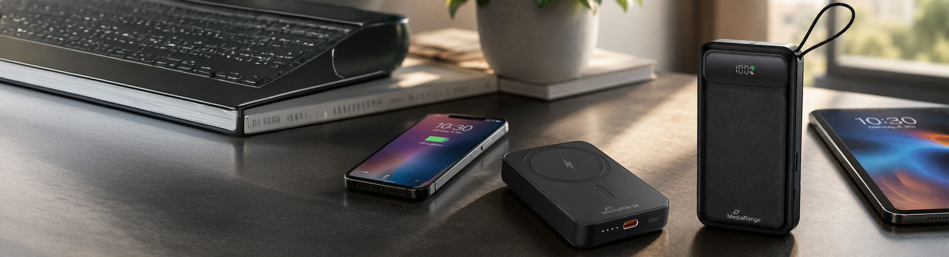 MediaRange Powerbanks in verschiedenen Größen neben Smartphones