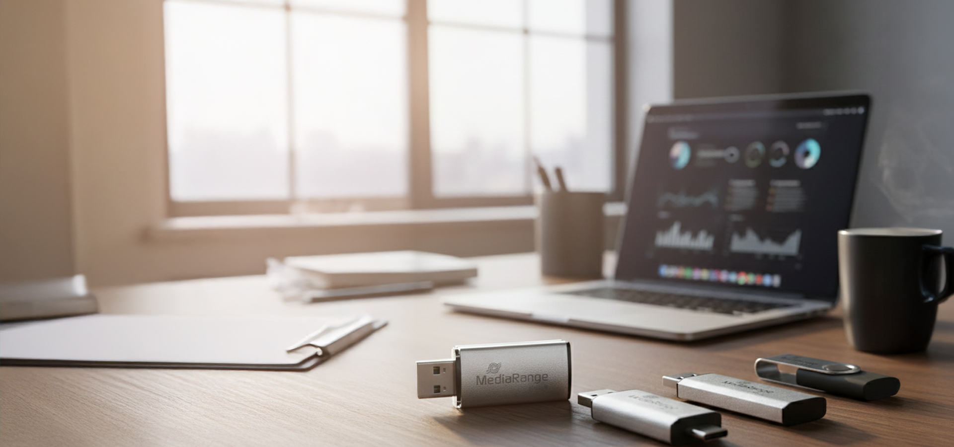 MediaRange USB-Sticks auf einem Schreibtisch mit Laptop und Kaffee