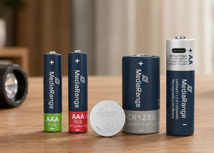 MediaRange Batterien in verschiedenen Größen auf einem Holztisch